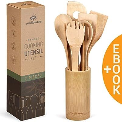 Wooden Bamboo Cooking Utensils Set - 8pcs Wood Kitchen Utensil Set with Holder - Wooden Spoons fo... | Amazon (US)
