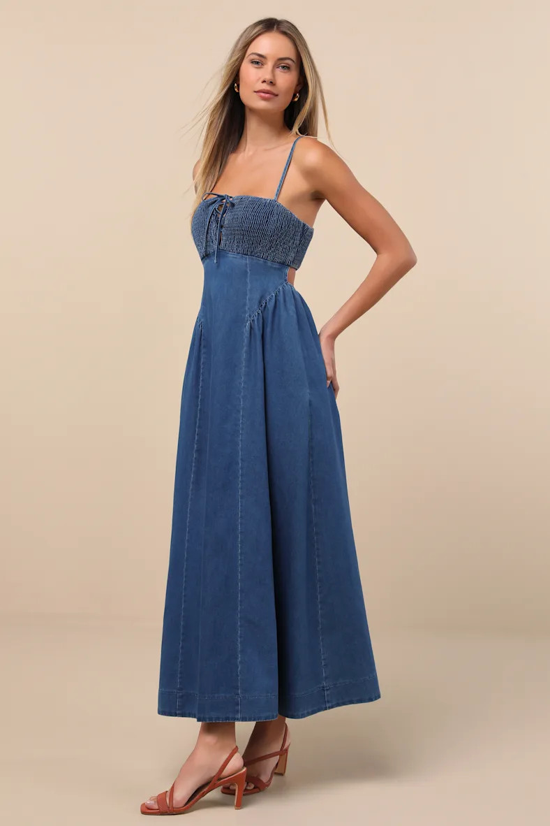 Laylie Medium Wash Denim Lace-Up Midi Dress | Lulus