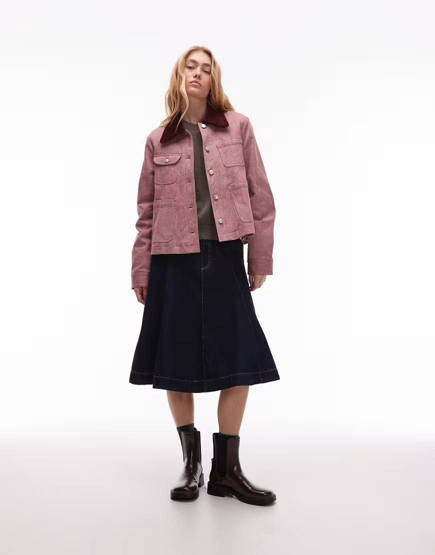 & Other Stories fitted barn jacket with contrast collar in washed pomegranate pink | ASOS (Global)