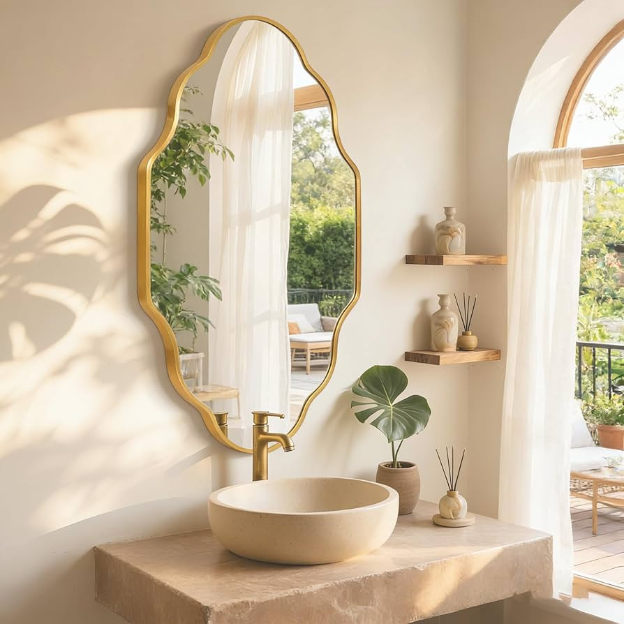 Gold Scalloped Bathroom Mirror, Irregular Wall Mirror with Brushed Metal Frame, HD Glass Decorati... | Amazon (US)