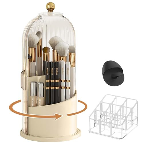 TOPHOME 360 Rotating Makeup Brushes Organizer Makeup Brush Organizer With Lids Lipstick Storage Box Dustproof Makeup Tools Holder For Vanity Desktop Bathroom Countertop Cabinet (White+Yellow) | Amazon (US)
