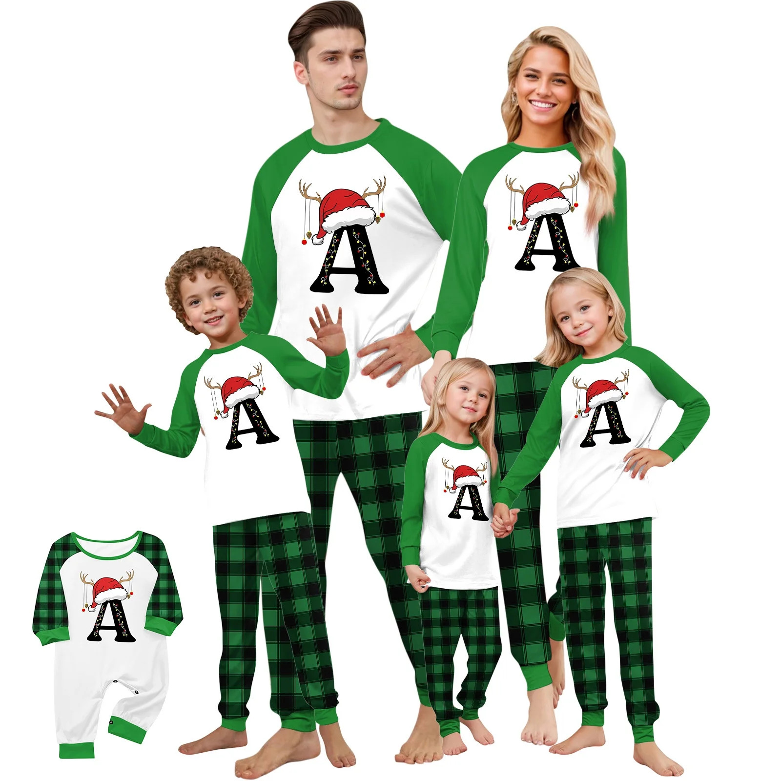 Onlypjs Family Matching Christmas Pajamas with Monogram A–Z – Green Sleeve & Plaid Holiday Sl... | Walmart (US)
