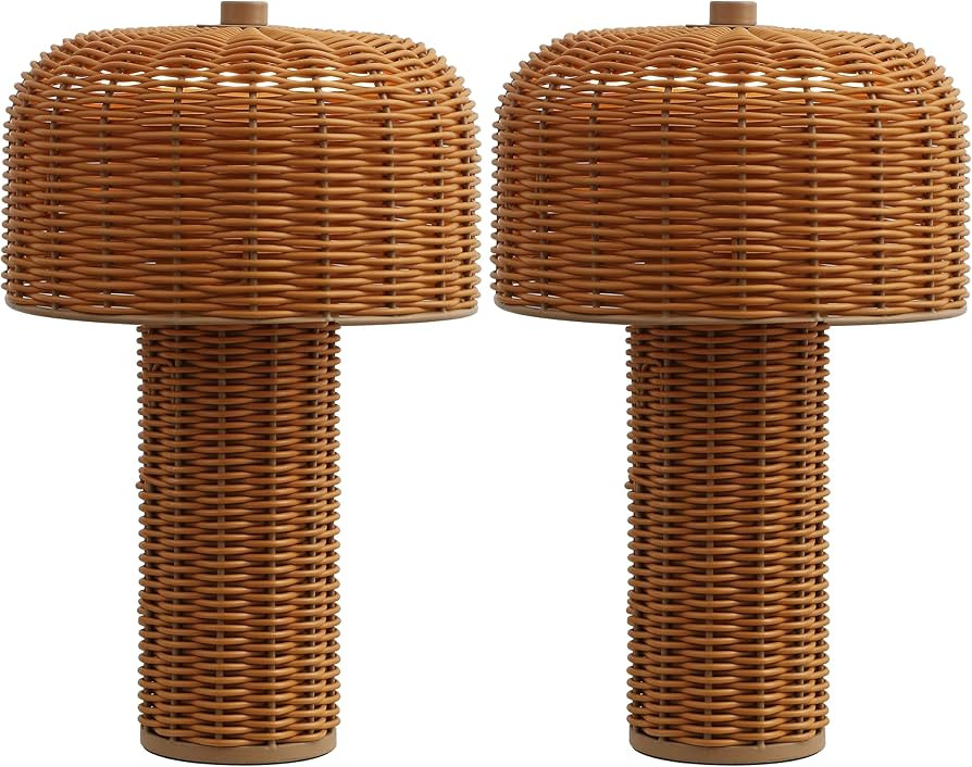 JONATHAN Y 10" Light Brown/Brown Modern Scandinavian Faux Wicker Rechargeable Table Lamp Set of 2... | Amazon (US)
