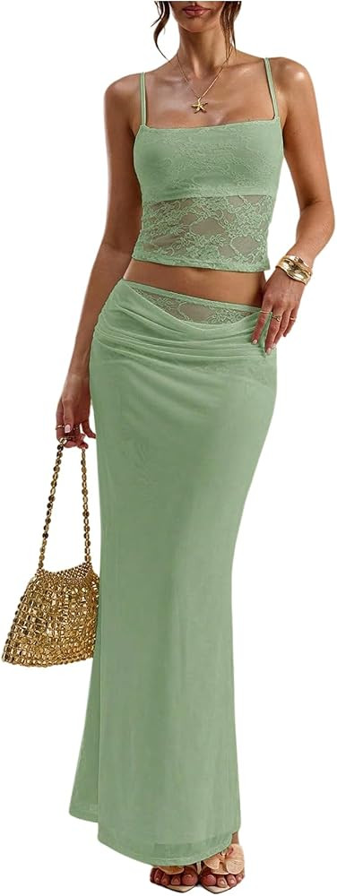 Verdusa Women's 2 Piece Vacation Outfits Lace Backless Cami Tops with Maxi Skirts Summer Going Ou... | Amazon (US)