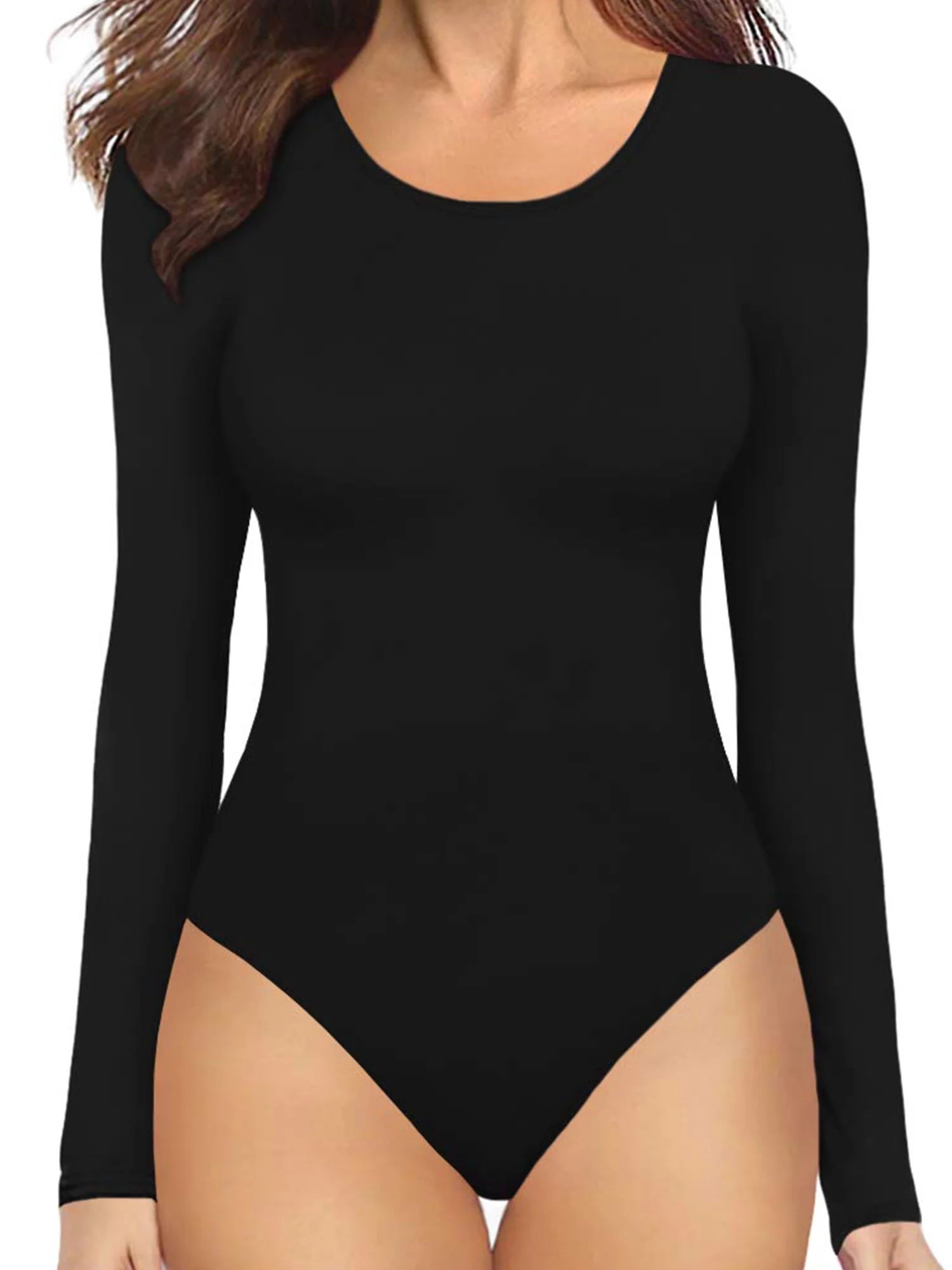 MOYIKO Round Neck Long Sleeve Bodysuit Fitted Womens Tops (Black,Large) | Walmart (US)