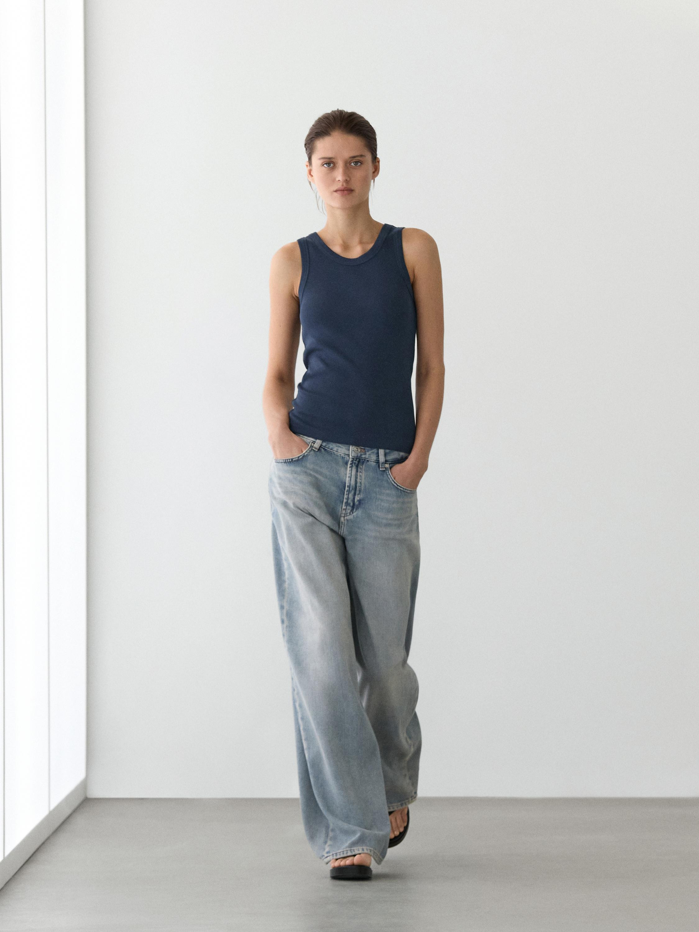 Cotton blend halter top · Navy Blue, White, Brown · T-shirt | Massimo Dutti | Massimo Dutti UK