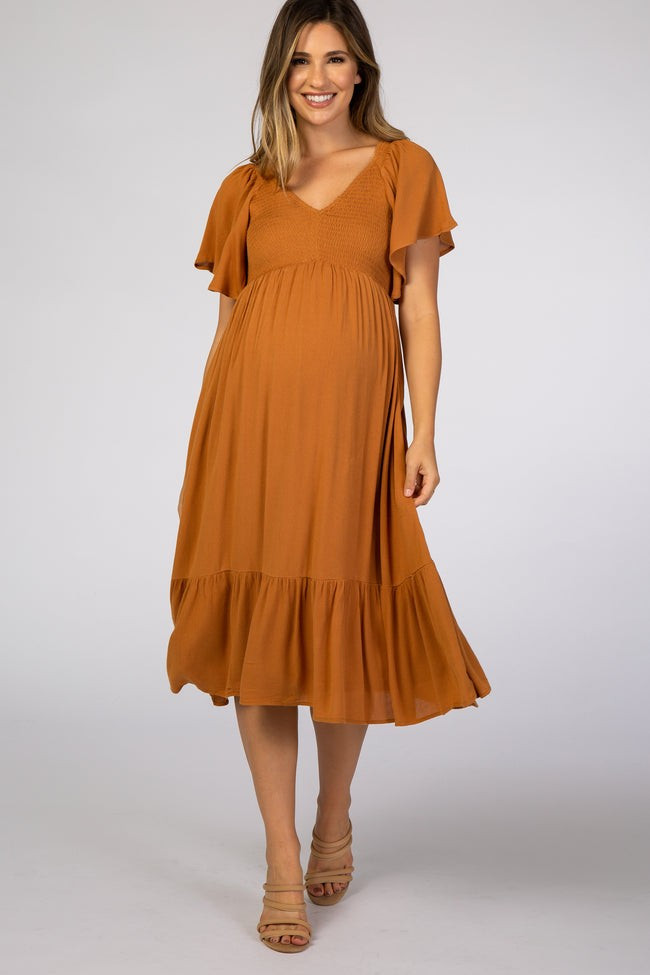 Gold Smocked Ruffle Maternity Dress | PinkBlush Maternity