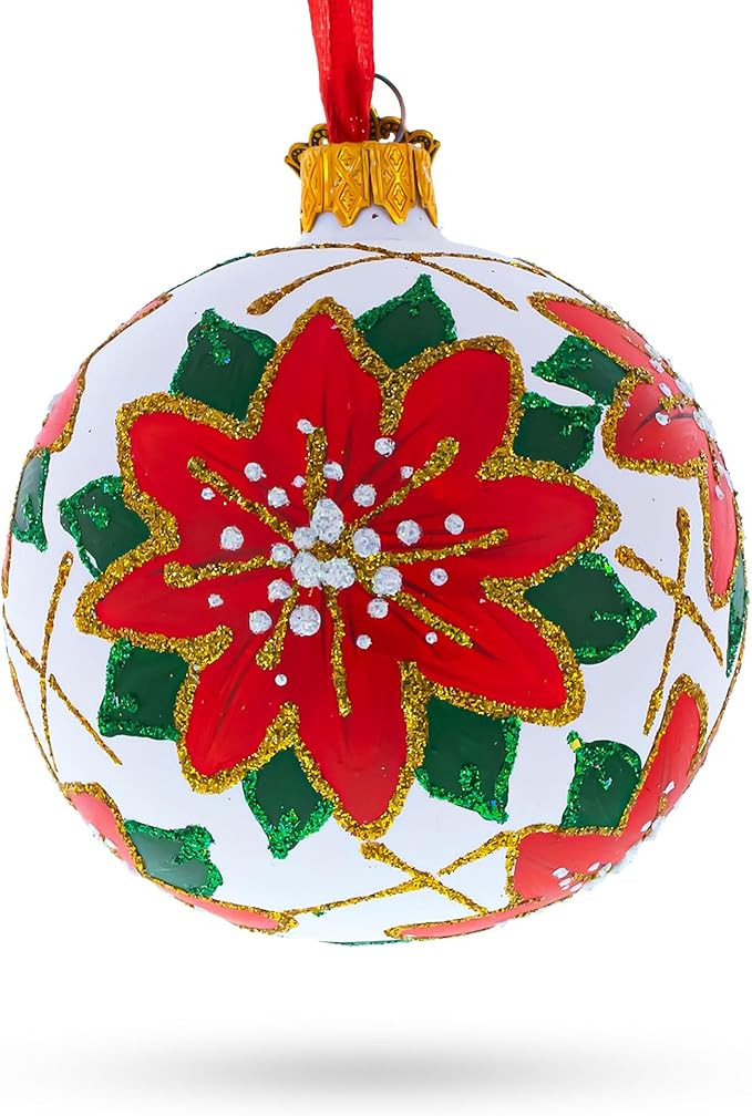 Poinsettia Flowers on White Glass Ball Christmas Ornament 3.25 Inches | Amazon (US)