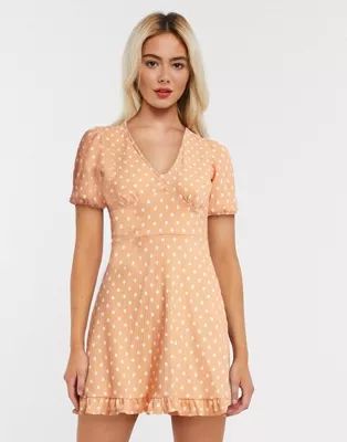 Miss Selfridge polka dot mini dress in pale peach | ASOS (Global)