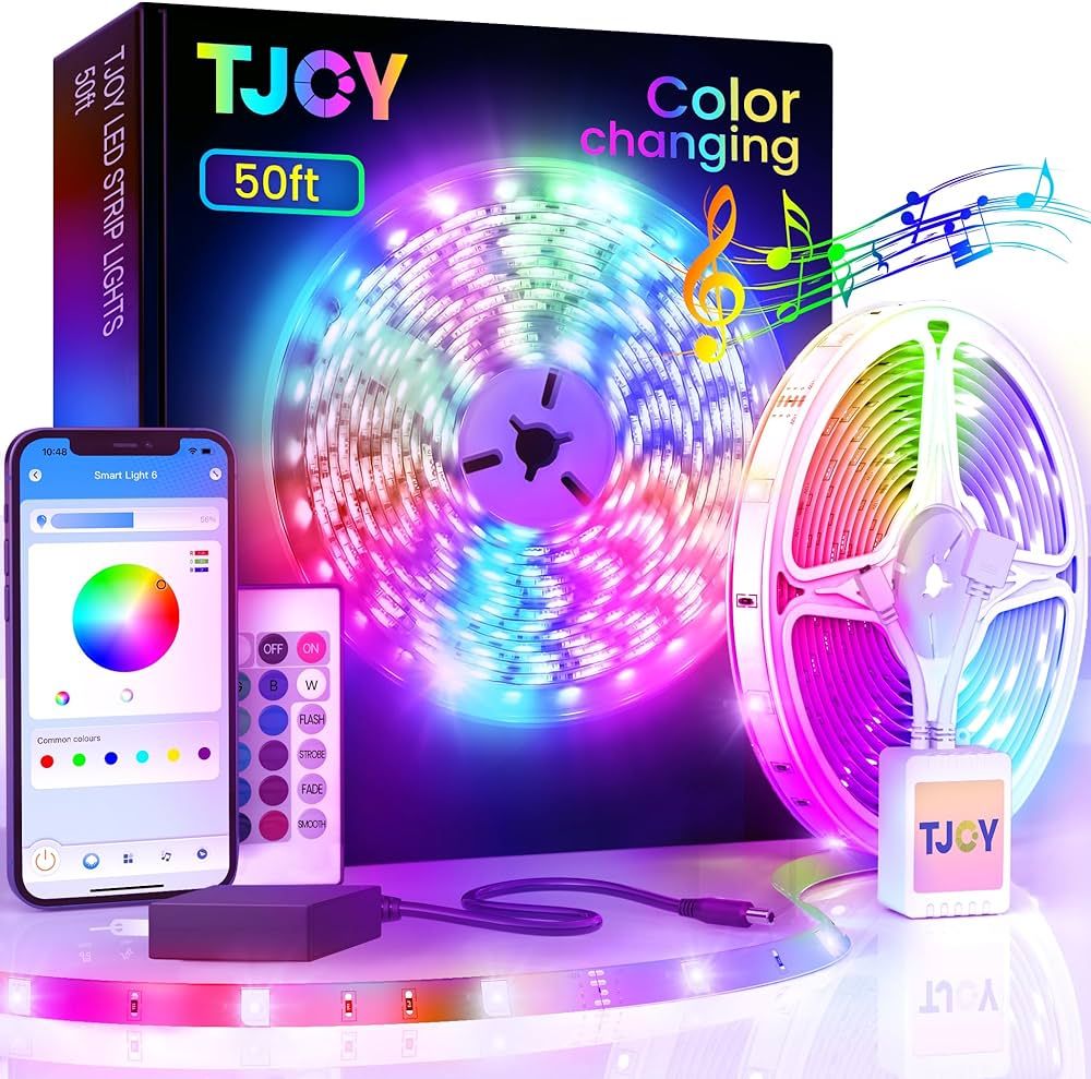 TJOY 50ft Bluetooth LED Strip Lights, Music Sync 5050 LED Light Strip RGB Color Changing LED Ligh... | Amazon (US)