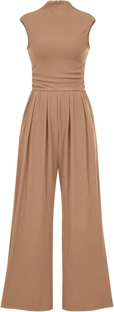KIRUNDO Womens Jumpsuit Dressy Casual Summer Outfits One Piece Cap Sleeve Mock Neck Wide Leg Pant... | Amazon (US)