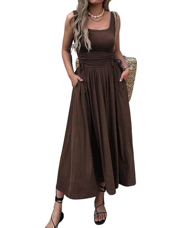 Women’s Boho Summer Maxi Dress with Pockets, Adjustable Waist, Sleeveless Casual Ruched Sundres... | Amazon (US)