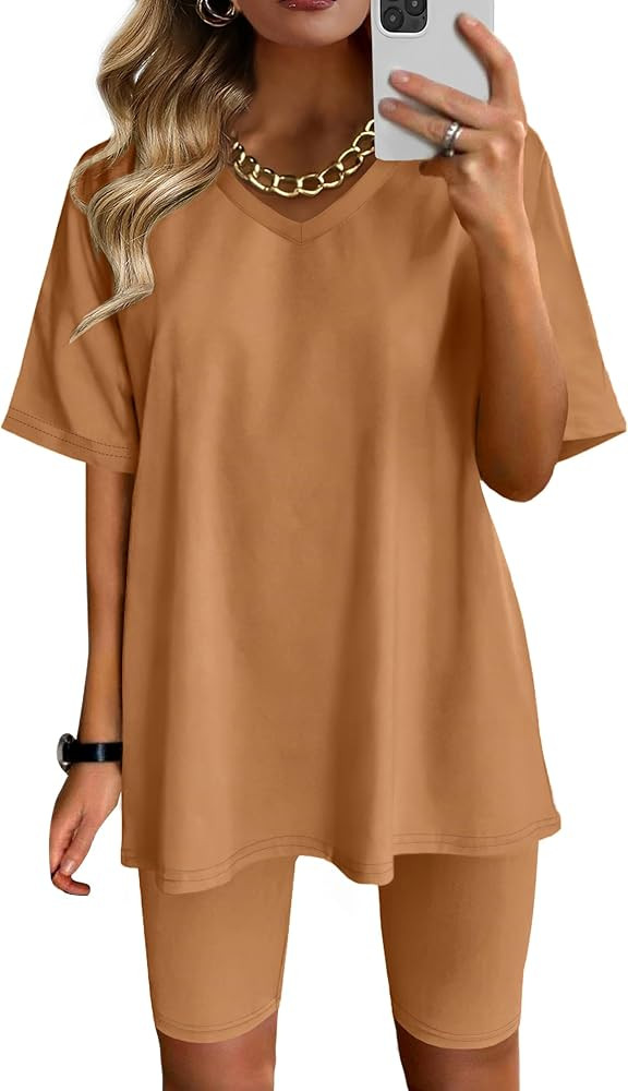 AGSEEM Two Piece Outfits For Women Summer V Neck T-Shirt Tops Biker Shorts Workout Sports Tracksu... | Amazon (US)