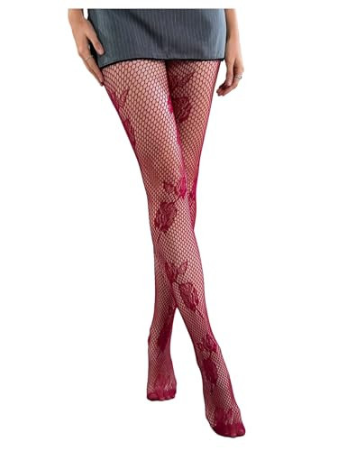 Verdusa Women's Patterned Fishnet Tights Y2k Sheer Floral Stockings Pantyhose Date Night Outfit Burgundy One Size | Amazon (US)