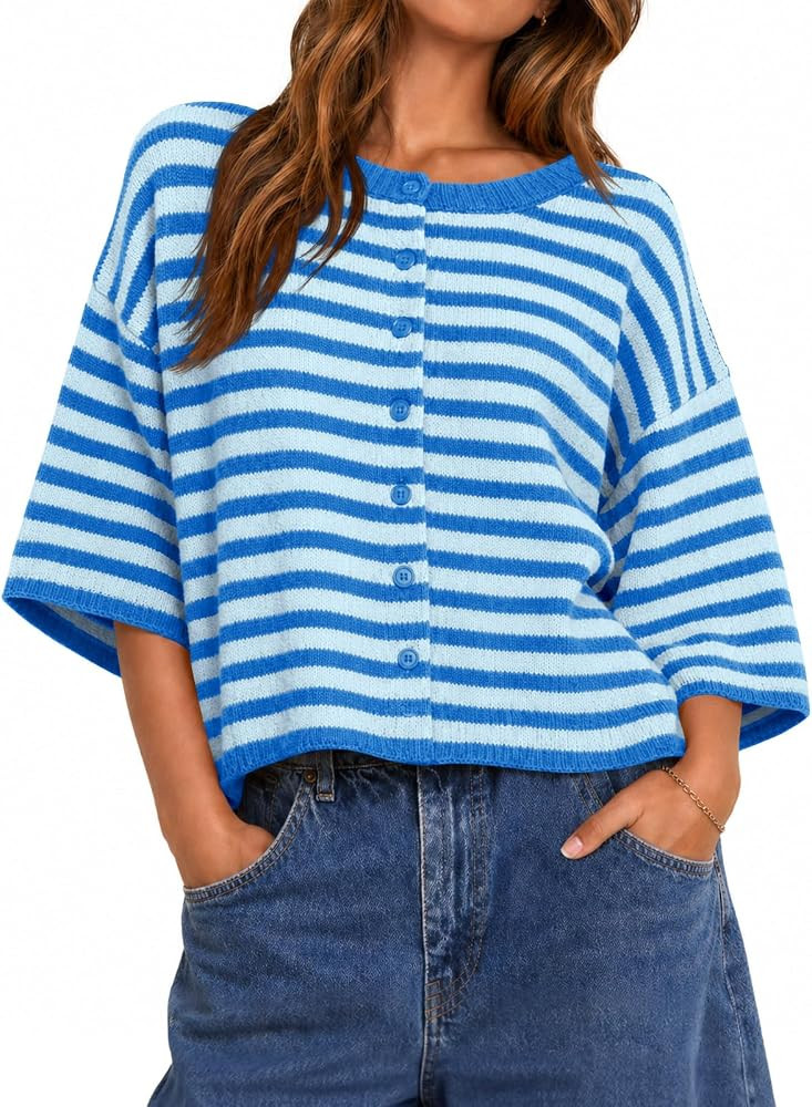 Saodimallsu Womens Short Sleeve Cardigan Cropped Striped Button Down Oversized Lightweight Knit Summer Sweater Tops | Amazon (US)