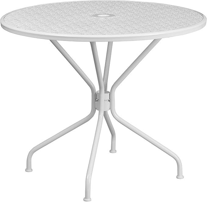 Flash Furniture Commercial Grade 35.25" Round White Indoor-Outdoor Steel Patio Table with Umbrell... | Amazon (US)