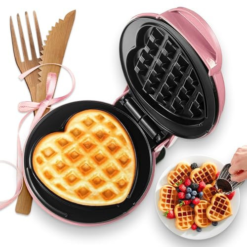 GVAKMM Mini Waffle Maker(Heart),Small Waffle Maker Keto,Mini Wafflera Iron for Kids Family and Individuals,4'' Non Stick Cooking Plates with Fast & Even Heating(Pink) | Amazon (US)