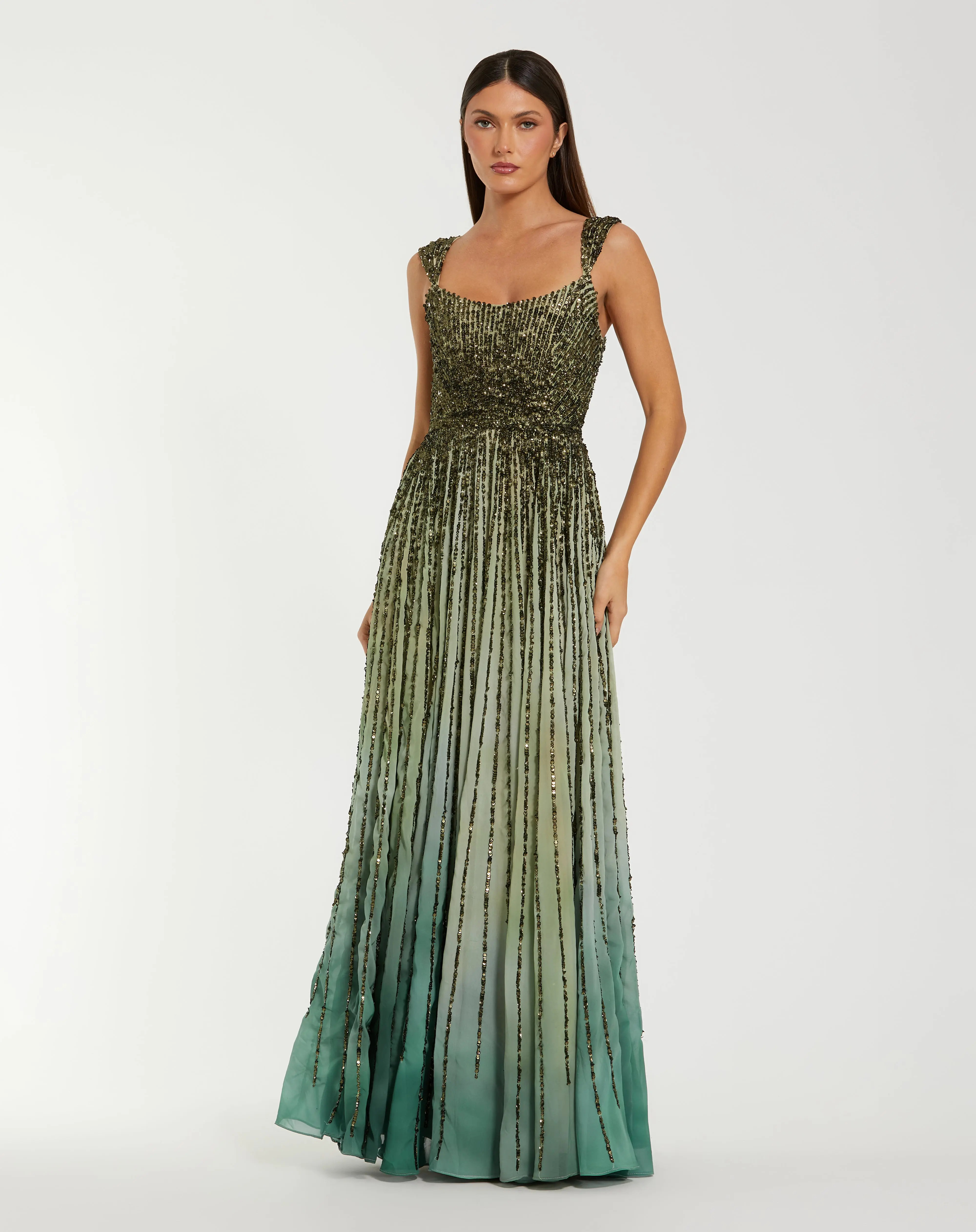Green Sleeveless Sequin A Line Ombre Gown | Mac Duggal | Mac Duggal