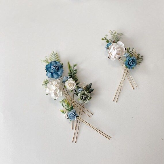 Flower hair pins dusty blue and white hair flowers set of | Etsy | Etsy (US)
