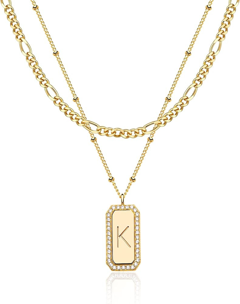 Gold Initial Necklace for Women 14K Gold Plated Figaro Chain Choker Layered Necklaces Set Bar Rec... | Amazon (US)