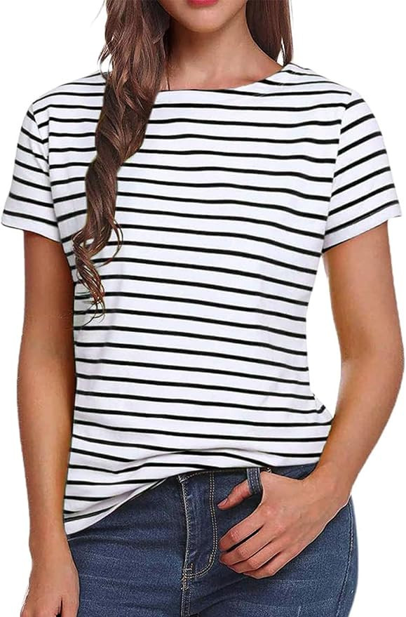 LilyCoco Women's Short Sleeve Striped Shirt Summer Crewneck T Shirt Basic Tops | Amazon (US)