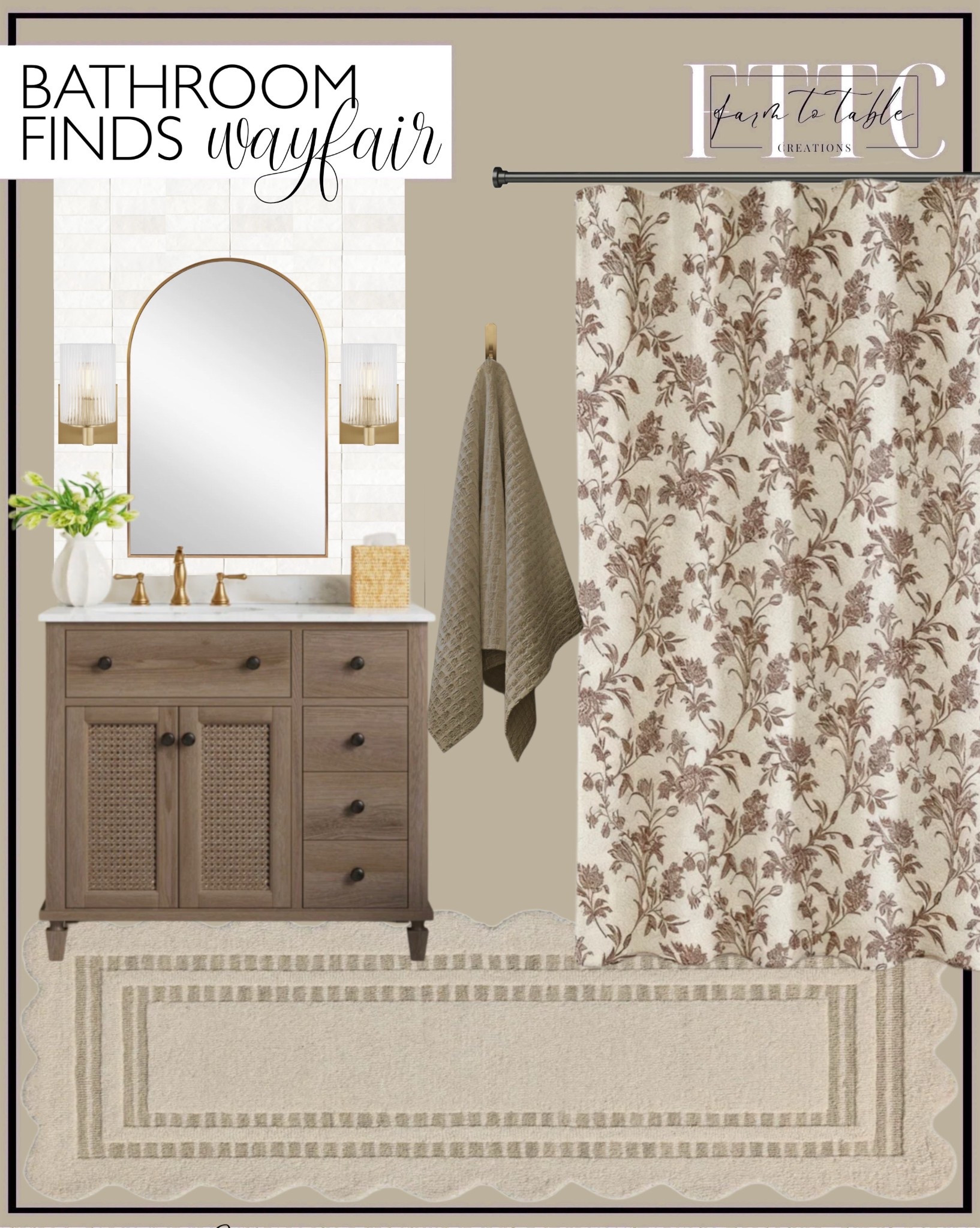 Neutral Wayfair Bathroom Finds | Wood Vanity, Floral Shower Curtain & Scalloped Rug

Follow @farmtotablecreations on Instagram for more inspiration.

Warm wood tones, soft florals, and classic brass accents make this bathroom feel cozy, elevated, and timeless. I love how the cane-front vanity adds texture, while the arched mirror and sconces bring in that designer touch. The floral shower curtain softens the space beautifully, and the scalloped rug finishes it off with a subtle, high-end look — all from Wayfair. Perfect pieces for creating a calm, inviting bathroom refresh.

Bathroom Decor | Bathroom Vanity | Arched Mirror | Bathroom Lighting | Shower Curtain | Bathroom Rug | Neutral Home Decor | Wayfair Finds | Wayfair Home | Bathroom Storage | Powder Room Ideas | Small Bathroom Ideas | Home Decorating | Affordable Home Decor

Follow my LTK @farmtotablecreations on the @shop.LTK app to view this post and get my exclusive app-only content!

#liketkit #LTKHome #LTKFindsUnder100 #bathroomdecor #bathroomvanity #bathroomrug #showercurtain #bathroomlighting #neutraldecor #wayfairfinds

#LTKHome #LTKSaleAlert