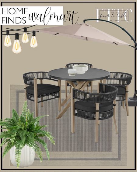Walmart Home Finds. Follow @farmtotablecreations on Instagram for more inspiration.

Better Homes & Gardens Tarren 5-Piece Wicker Outdoor Dining Set, Black. nuLOOM Antonella Bordered Solid Indoor/Outdoor Area Rug, 8' x 10', Beige. Better Homes & Gardens 16"W x 16"L x 15.8"H Ellan White Resin Plant Pot Planter. Nearly Natural 40" Plastic/Polyester Boston Fern Artificial Plant. Better Homes & Gardens Pottery 12" Fischer Round Ceramic Planter, White. DAYBETTER 100ft Solar Outdoor String Lights. LAUSAINT HOME 11FT Deluxe Patio Umbrella with Base, Large Cantilever Curvy Umbrella with 360° Rotation, Champagne. Patio Finds. Outdoor Furniture. Walmart Best Sellers. 