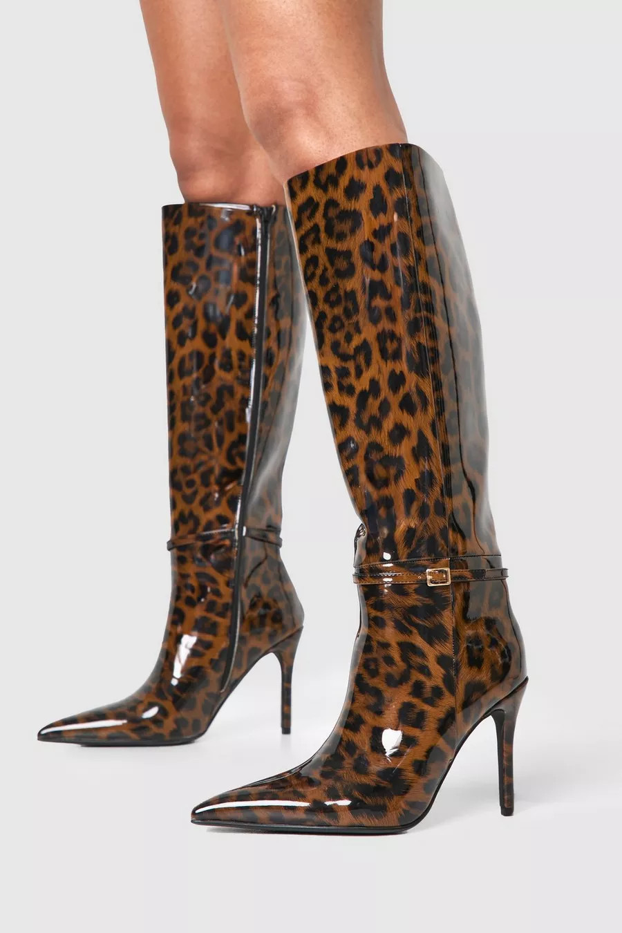 Leopard Stiletto Pointed Knee High Boots | boohoo (US & Canada)
