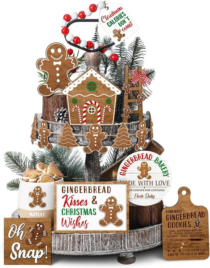 20 Pcs Neutral Christmas Tiered Tray Decor Gingerbread Wood Sign Rustic Christmas Table Decoratio... | Amazon (US)