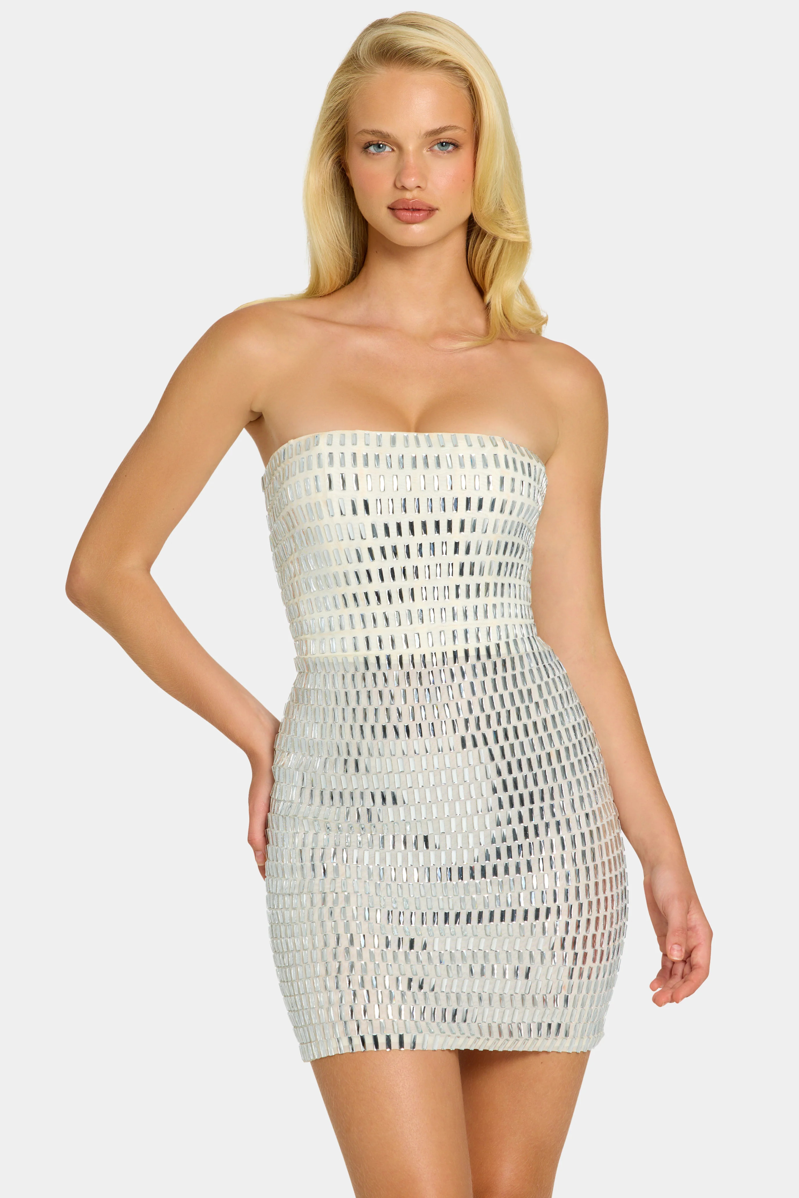 Embellished Bandeau Mini Dress in White | Oh Polly