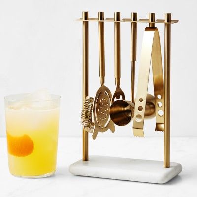 White Marble & Brass Hanging Bar Tools Set | Williams Sonoma | Williams-Sonoma