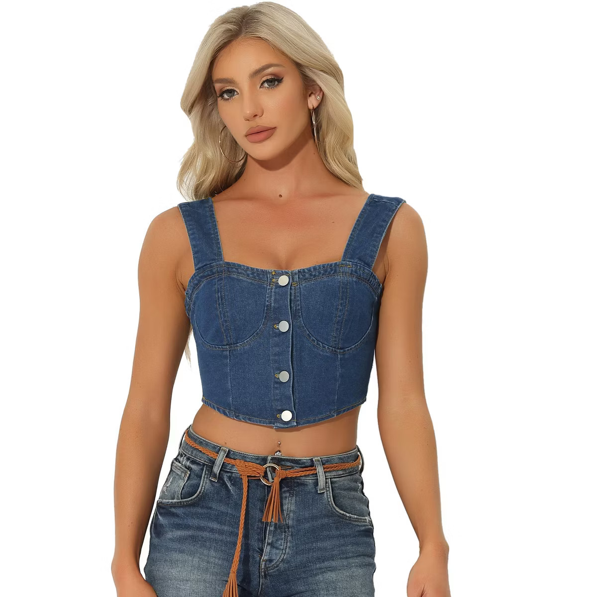 Allegra K Women's Button Down Sleeveless Bustier Jean Crop Tank Denim Top | Target