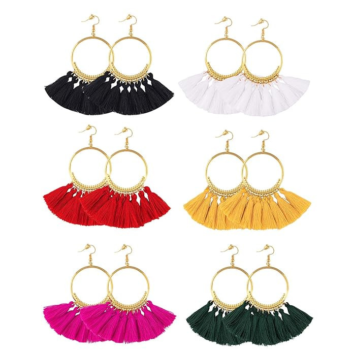 6 Pairs Tassel Hoop Earrings Bohemia Fan Shape Drop Earrings Fish Hook Earrings Dangle Ear Drop f... | Amazon (US)