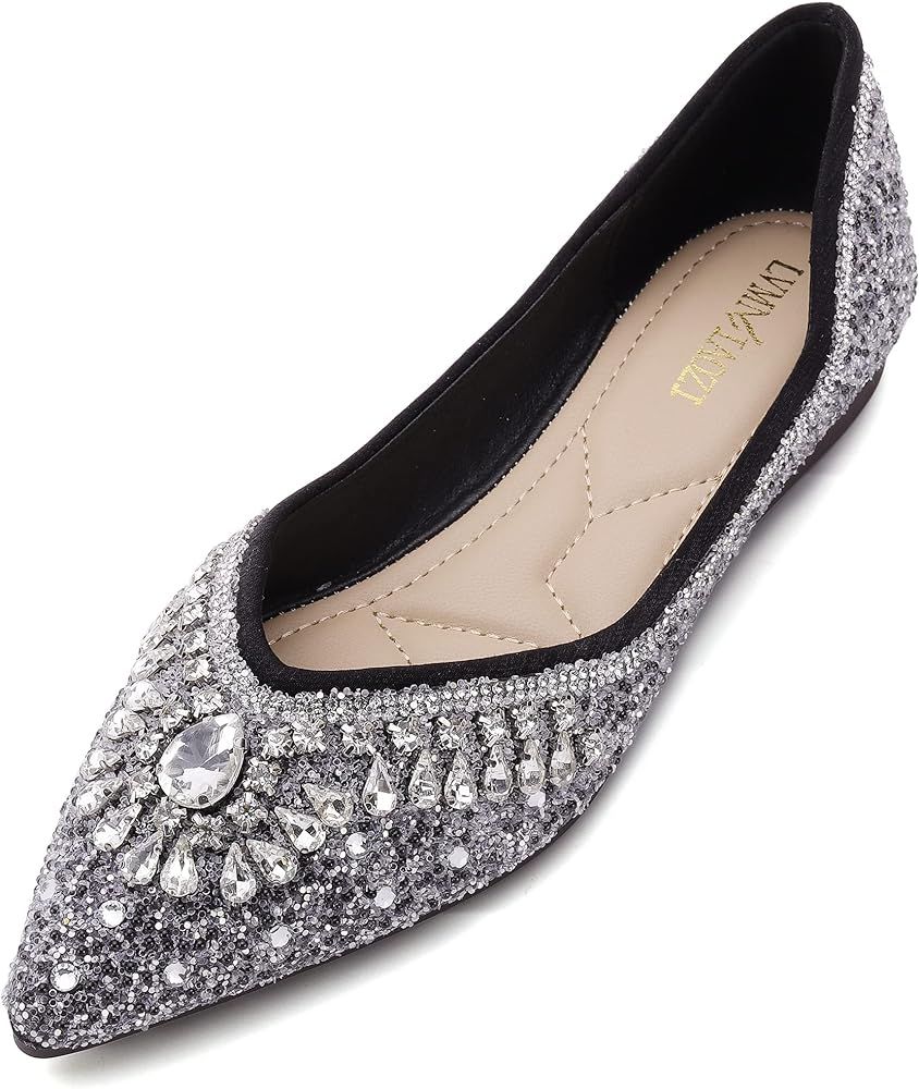 ZQKSEOHS Flats Shoes Women Rhinestone Sequin Wedding Pointed Toe Dress Flat Shoes Comfortable Fla... | Amazon (US)