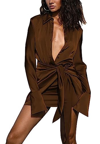 Womens Long Sleeve Satin Wrap Dress Sexy Lace Up Tie Waist Cocktail Party Shirt Dresses Coffee | Amazon (US)