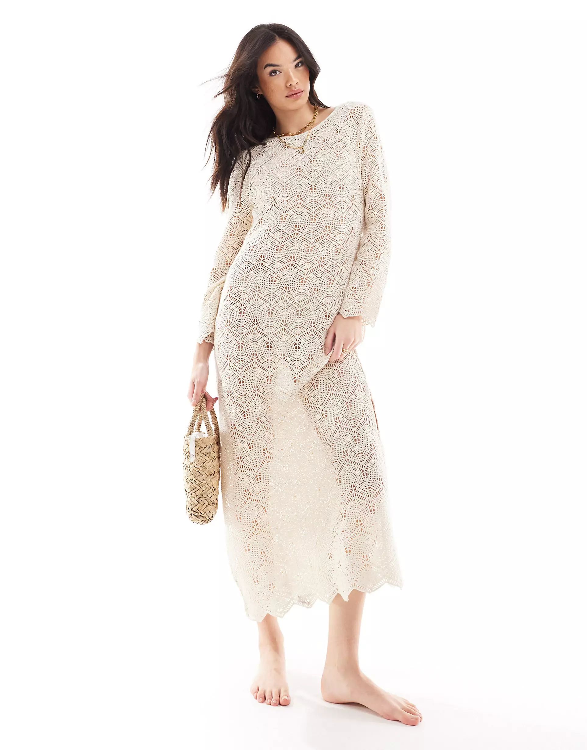 IIsla & Bird long sleeve maxi crochet beach dress in cream | ASOS | ASOS (Global)