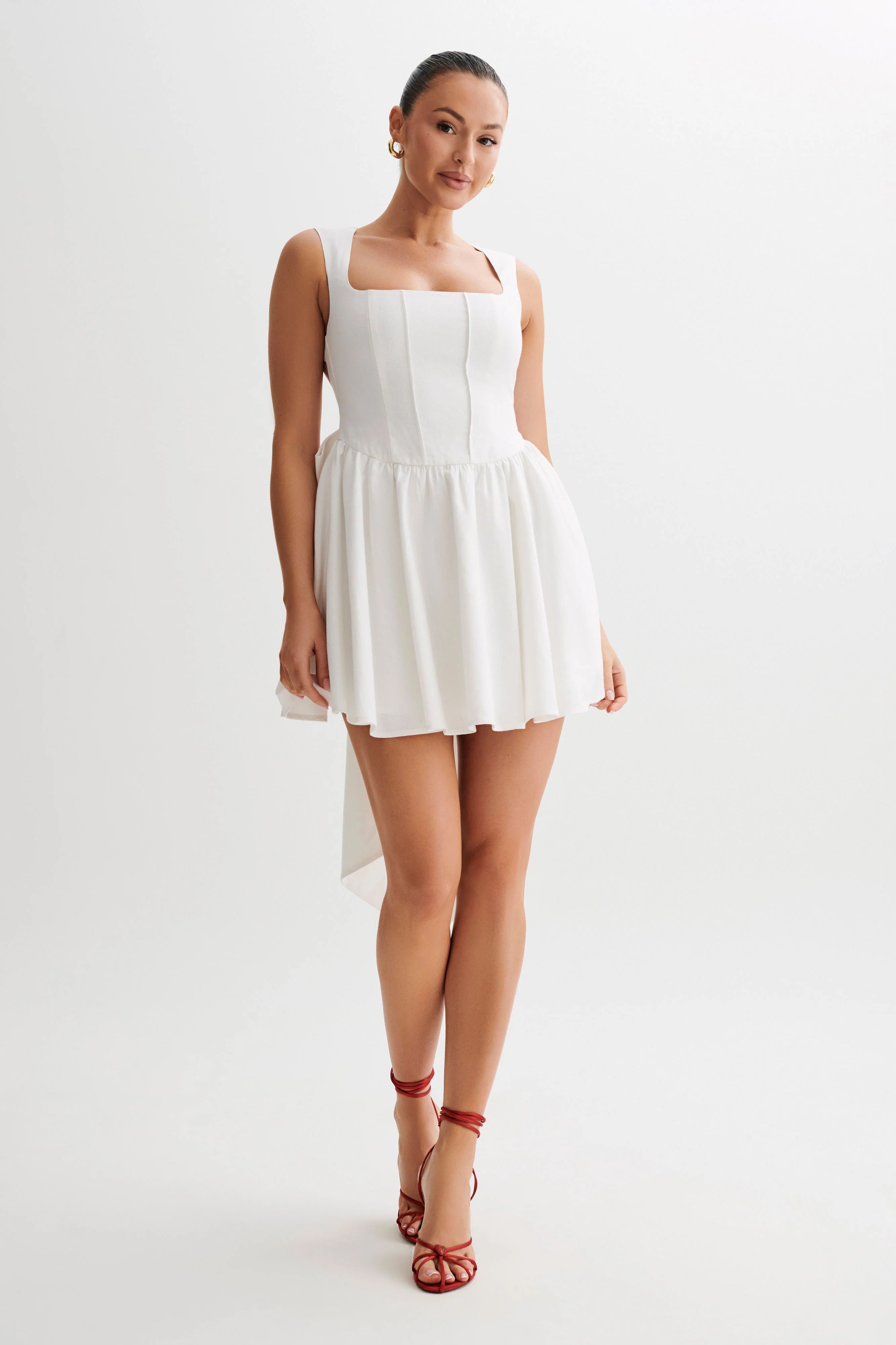 Marcella Linen Bow Back Mini Dress - White | MESHKI US