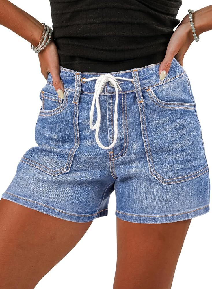 Sidefeel Women's Jean Shorts High Waisted Stretchy Casual Drawstring Denim Shorts with Pockets | Amazon (US)