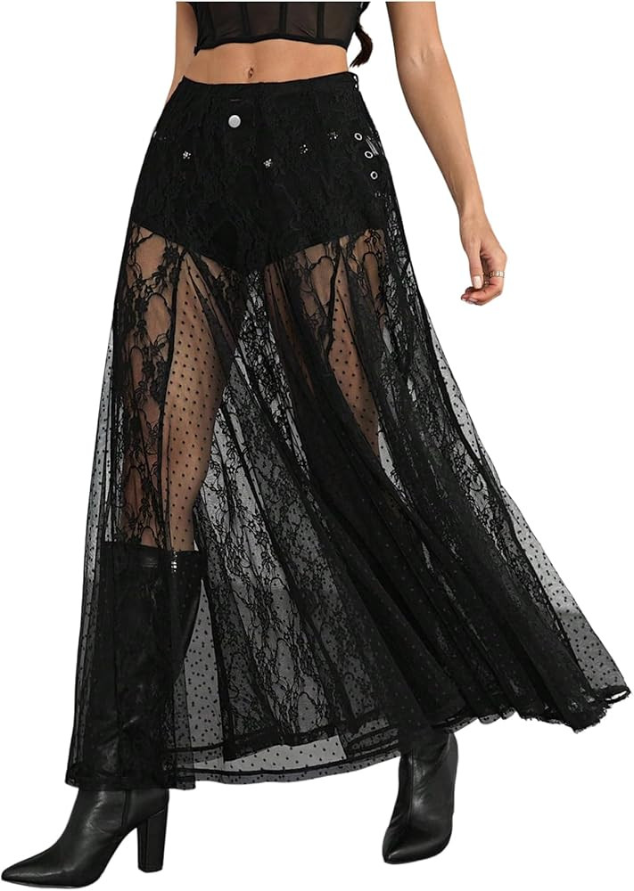 Women's Sheer Lace Maxi Skirts Y2K High Waisted See Through Flowy Long Skirts | Amazon (US)