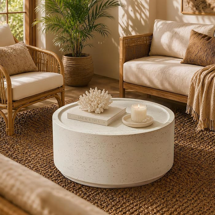 28" Round Coffee Table, Travertine Look, Off-White | Amazon (US)