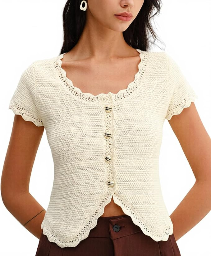 RIHOAS Womens Short Sleeve Cardigan Button Down Collared V Neck Pullover Sweater Button Up Knitte... | Amazon (US)