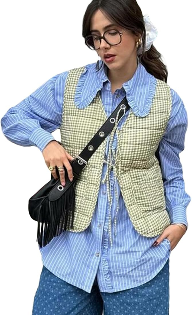Women's Tie Front Quilted Vest Fall Winter Tie-Up Gingham Sleeveless Jacket Denim Gilet Y2K Stree... | Amazon (US)