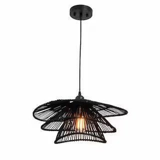 Wilby 1-Light Black Tiered Pendant Chandelier with Rattan | The Home Depot