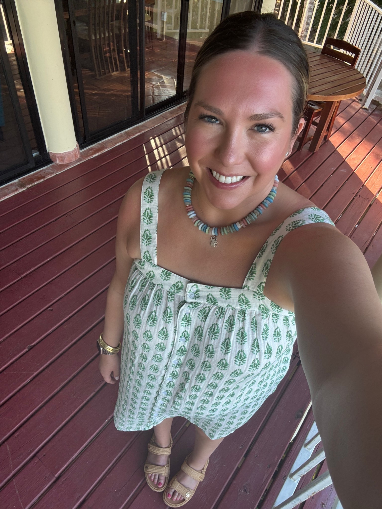 Last night in Belize! We went to a casual pizza place and stopped at the brewery for a beer. This dress was on sale and I own it in blue too. Added a fun necklace for a little more color and raffia sandals  