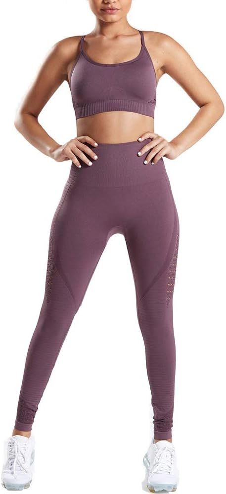 WodoWei Women's Workout Sets 2 Piece Outfits High Waisted Yoga Leggings and Sports Bra Gym Clothes | Amazon (US)