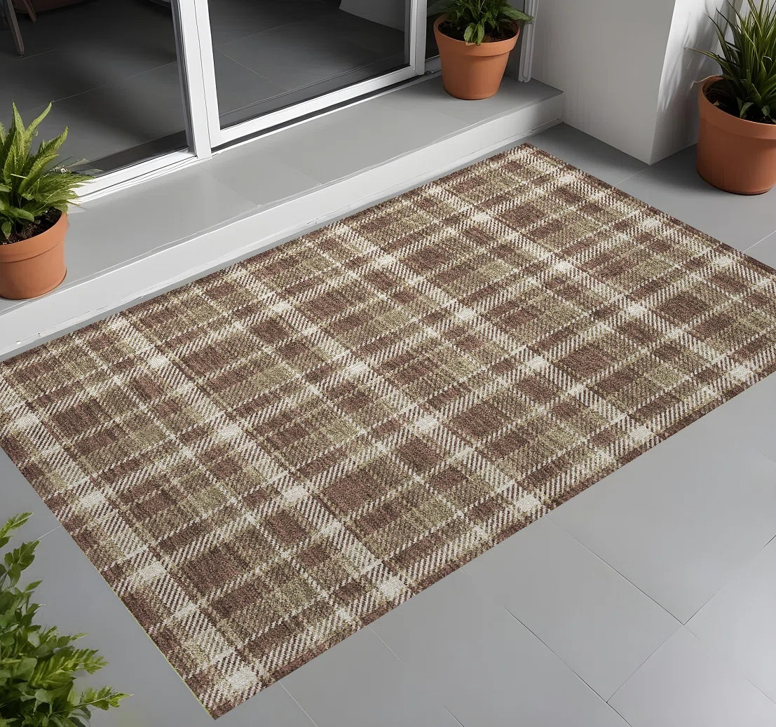2' X 3' Chocolate and Ivory Plaid Washable Non Skid Indoor Outdoor Area Rug | Wayfair North America