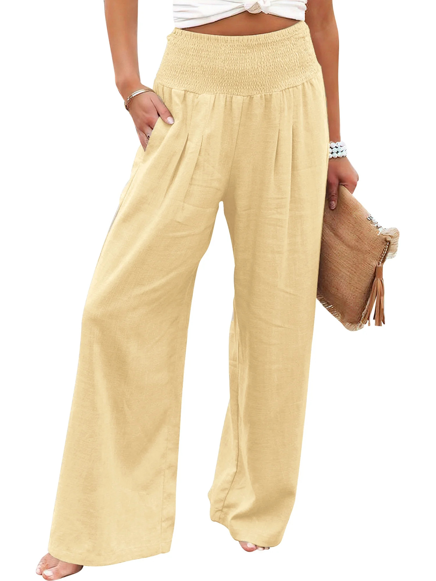 VDJ Women's Casual Wide Leg Pants Summer Boho High Waisted Beach Palazzo Trousers Flowy Lounge Pa... | Walmart (US)