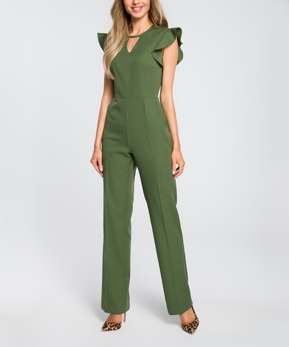 Made Of Emotion Women's Jumpsuits green - Green Keyhole Flutter-Sleeve Jumpsuit - Women | Zulily