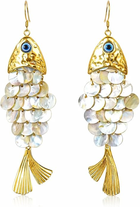 Boho Articulated Fish Drop Earrings for Women - Gold Tone Shimmering Resin Scale Dangle Earrings ... | Amazon (US)
