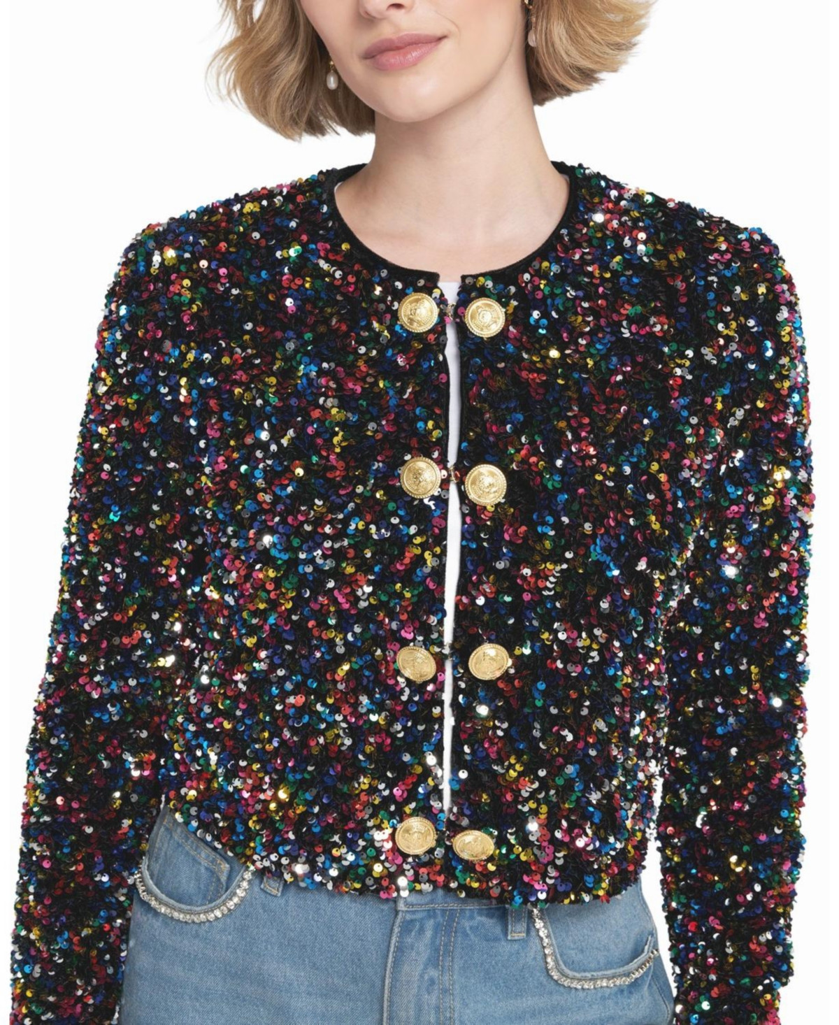 Elle Collection Women's Sequin Cropped Jacket Biker - Black | Macy's